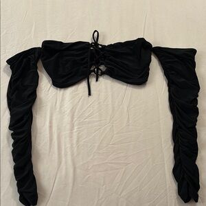 Black Lace-Up Off-Shoulder Crop Top with Ruched Sleeves